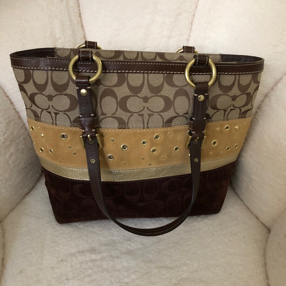 Vintage Coach Monogram Brown Suede Shoulder Bag
